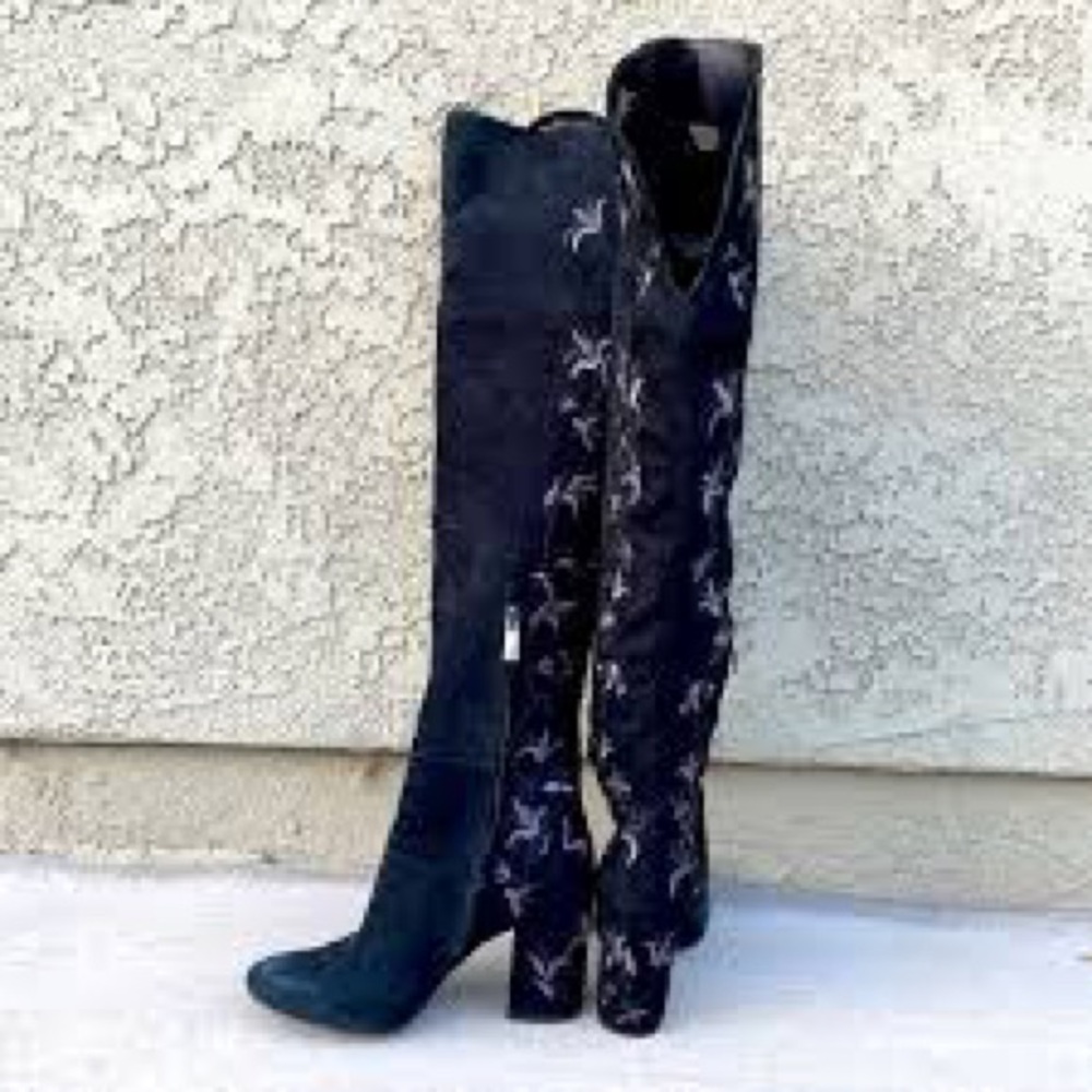 Kenneth Cole Over the Knee Black Suede Gray Blue Embroidered Block Heel Worn 2X